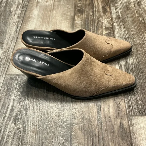 Glamorous Taupe Pointed Mule Heels Size 8 - Picture 6 of 16